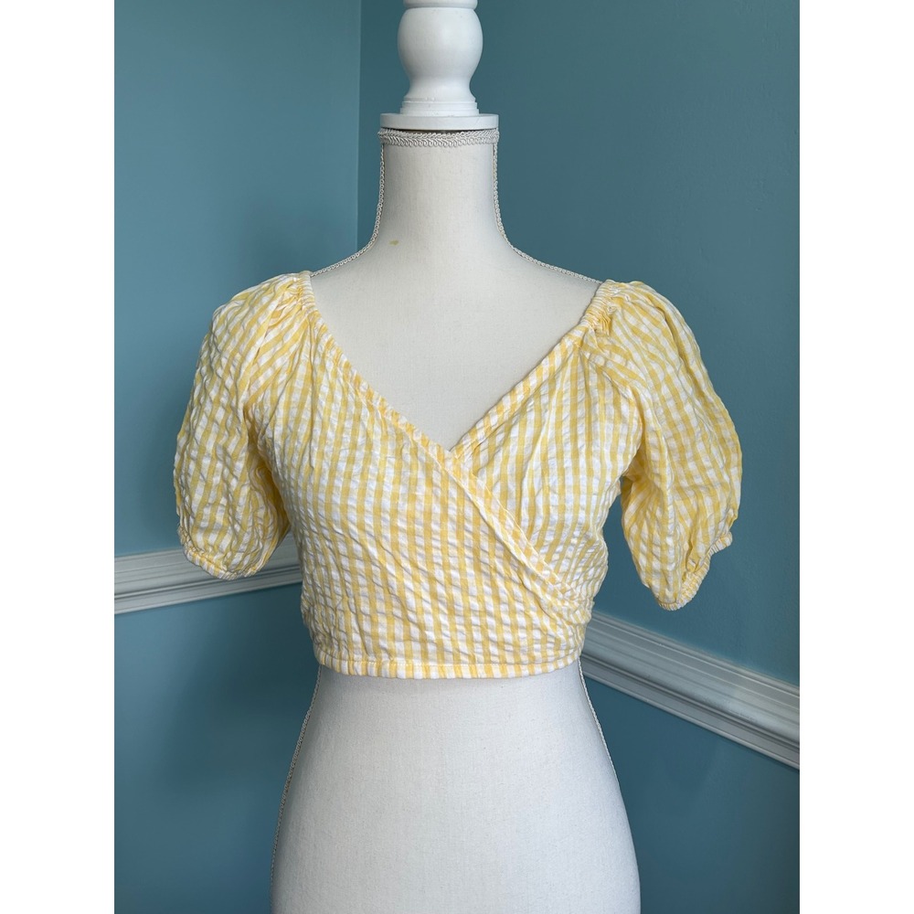 Sim & Sam Yellow Gingham Smocked Back Wrap Crop Top Puff Sleeve Cotton Medium